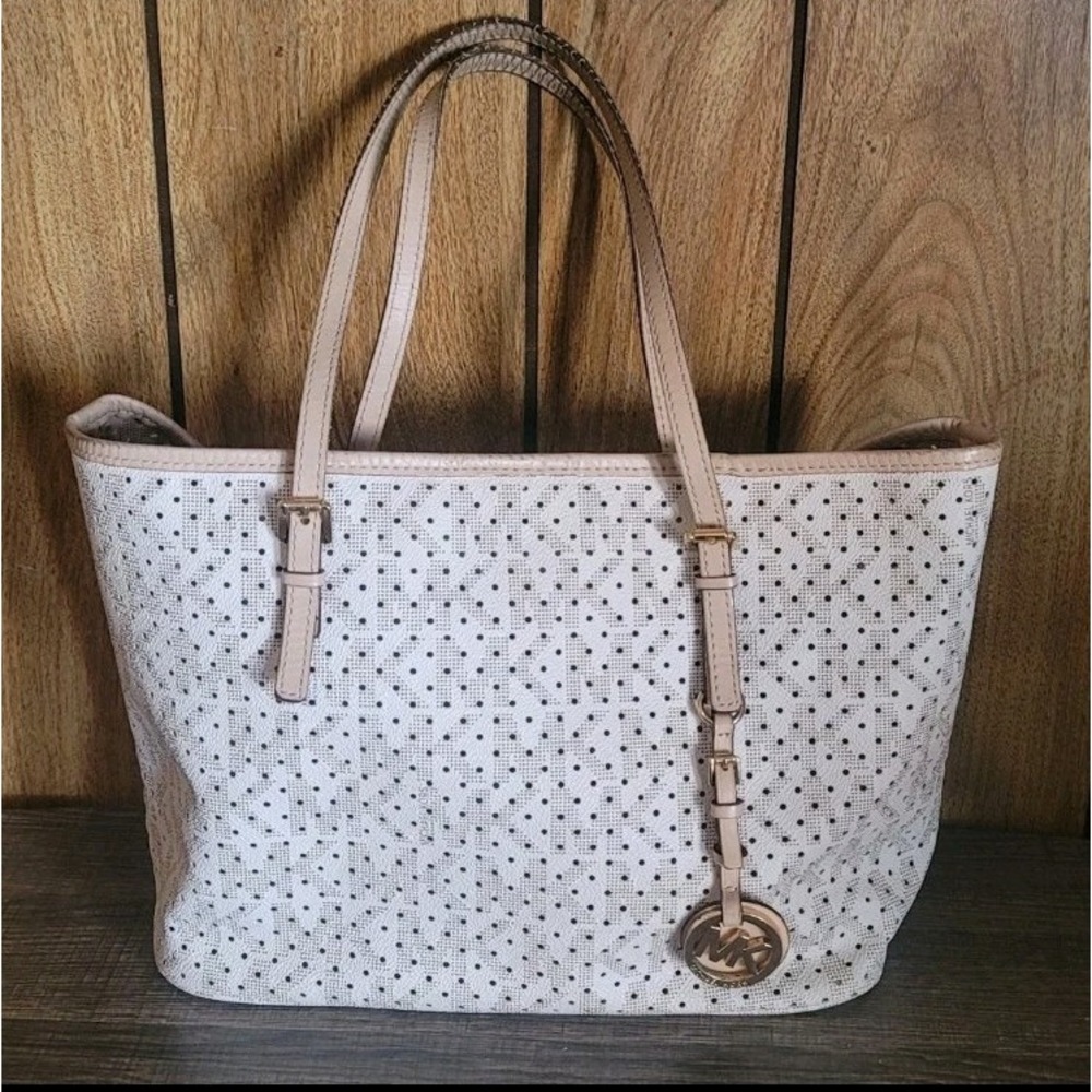 Michael Kors Jet Set Travel Tote Vanilla MK Monogram Zip Top Beige Shoulder Bag